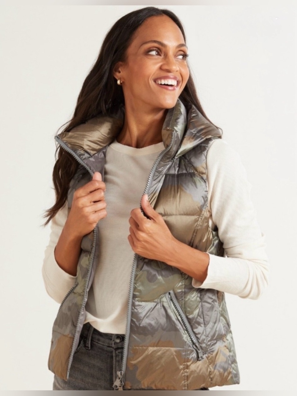 Evereve Malone Hooded Feather Down Camo Vest in Metallic/Pewter Tan Color Medium